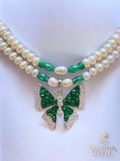 92.5 Silver Emerald Studded Butterfly Double Layer Necklace Set