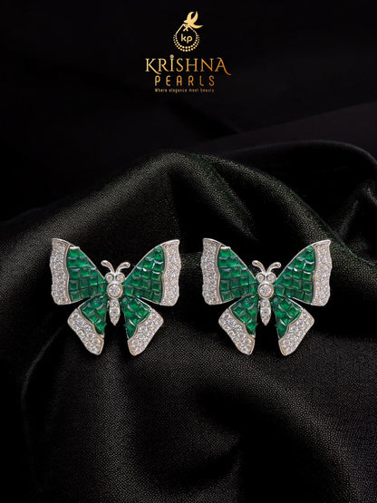 92.5 Silver Emerald Studded Butterfly Double Layer Necklace Set