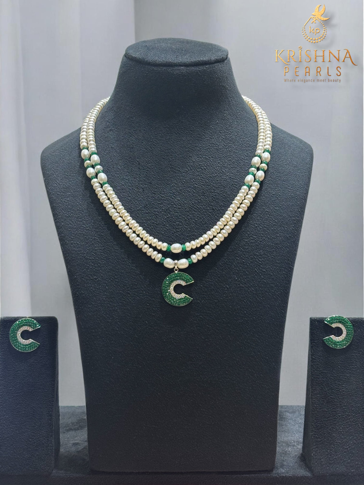 92.5 Silver Emerald Studded Pearls Double Layer Necklace Set