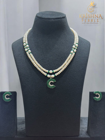 92.5 Silver Emerald Studded Pearls Double Layer Necklace Set