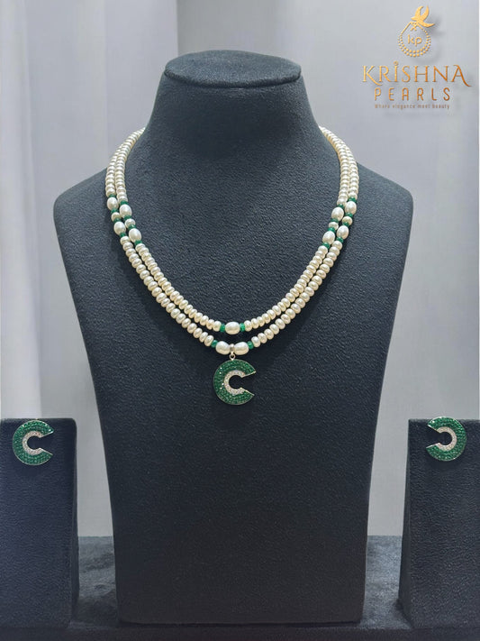 92.5 Silver Emerald Studded Pearls Double Layer Necklace Set