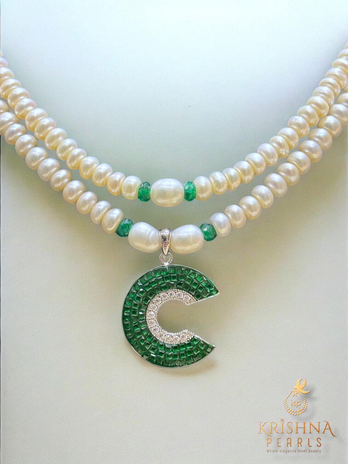 92.5 Silver Emerald Studded Pearls Double Layer Necklace Set