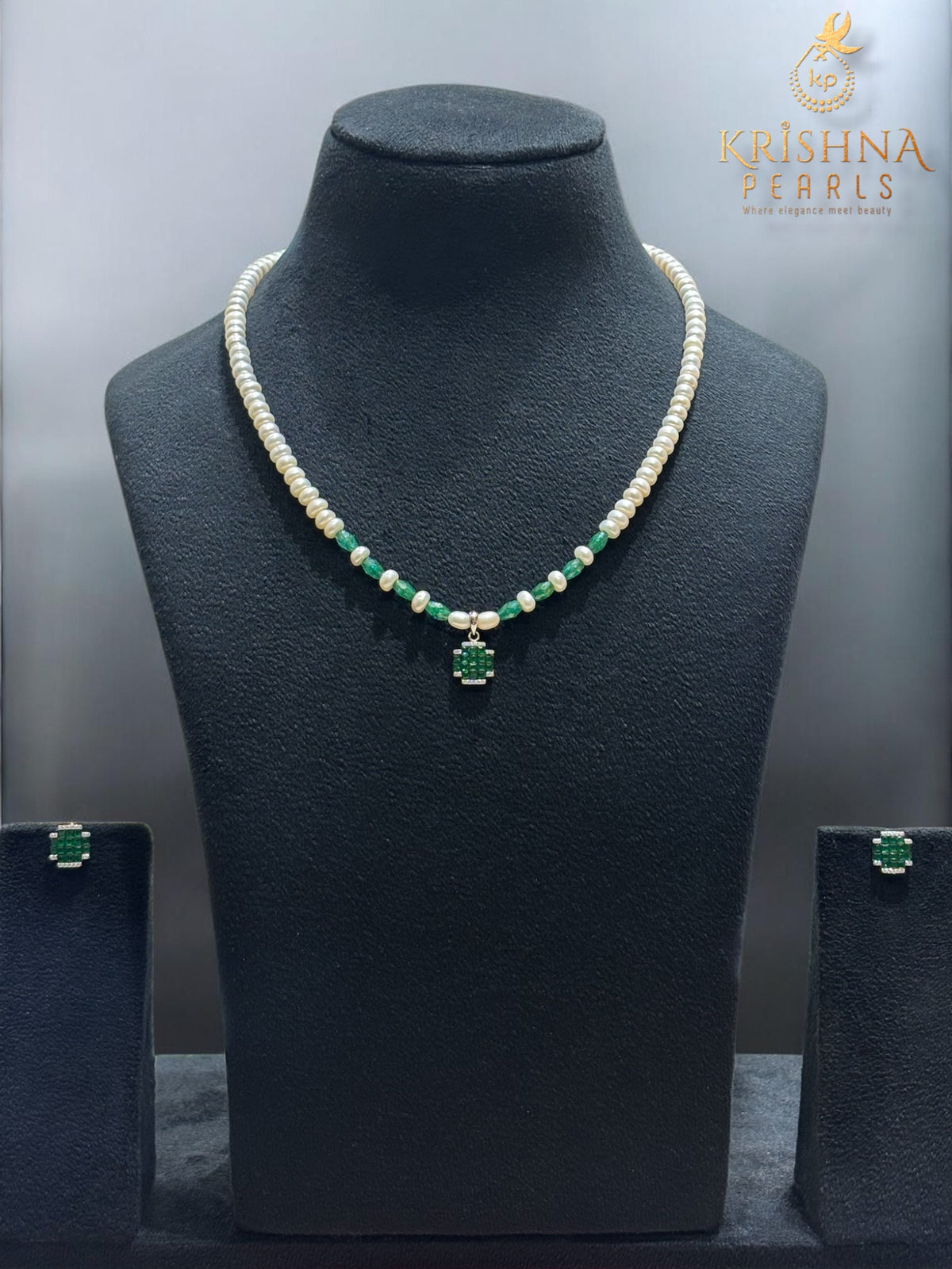 92.5 Silver Cubic Emerald Studded Pearls Necklace Set