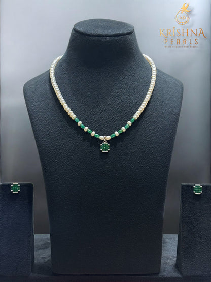 92.5 Silver Cubic Emerald Studded Pearls Necklace Set