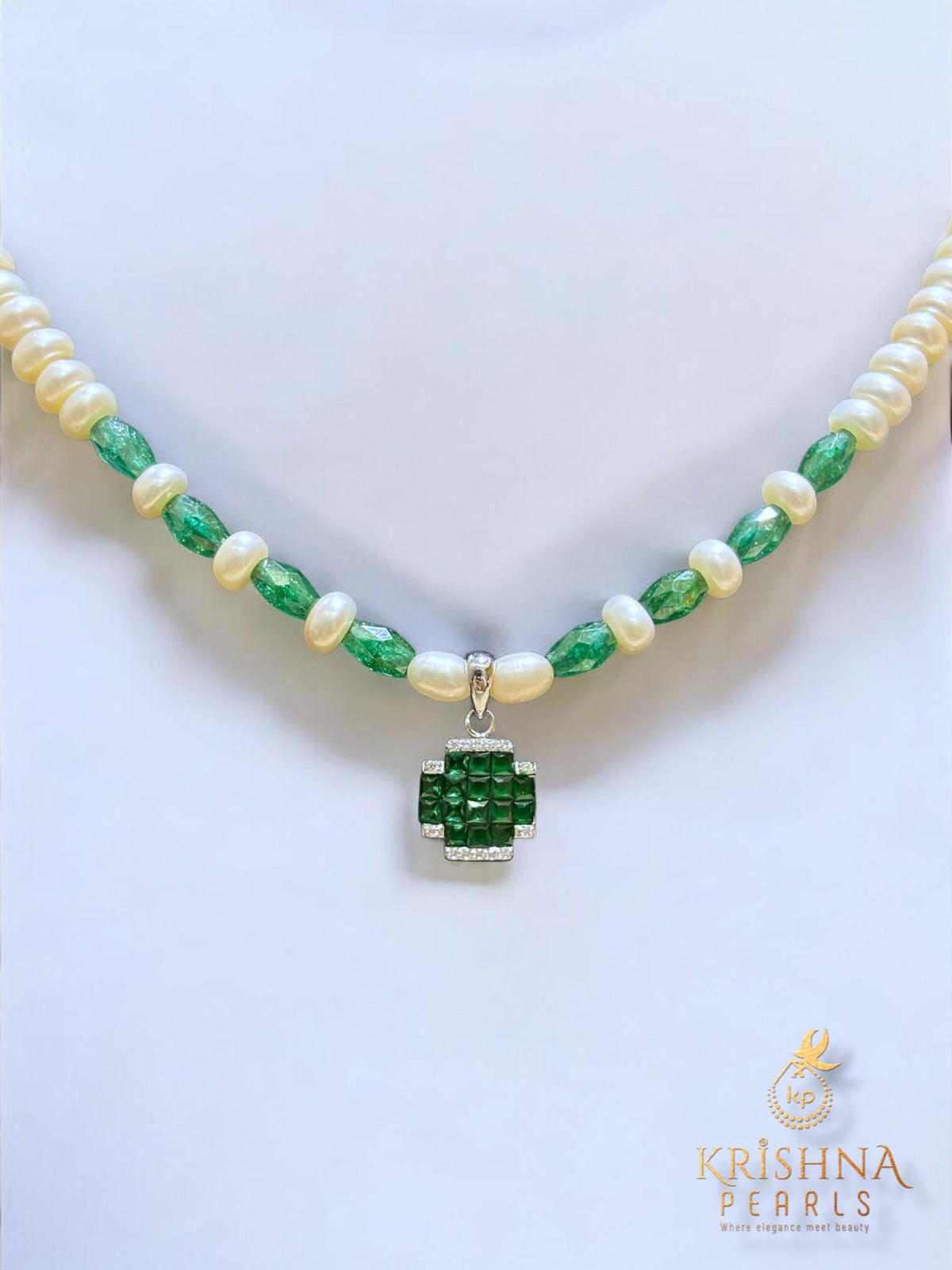 92.5 Silver Cubic Emerald Studded Pearls Necklace Set