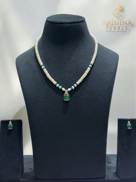 92.5 Pure Silver Cubic Emerald With Pearls Necklace Set - Invisible Throngs Jewellery