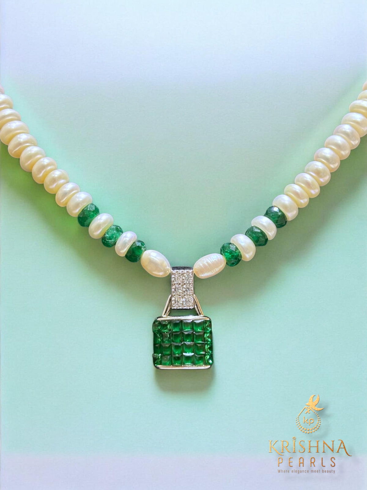 92.5 Pure Silver Cubic Emerald With Pearls Necklace Set - Invisible Throngs Jewellery