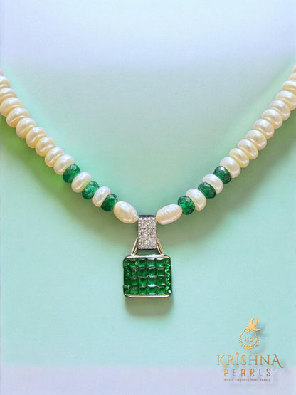 92.5 Pure Silver Cubic Emerald With Pearls Necklace Set - Invisible Throngs Jewellery