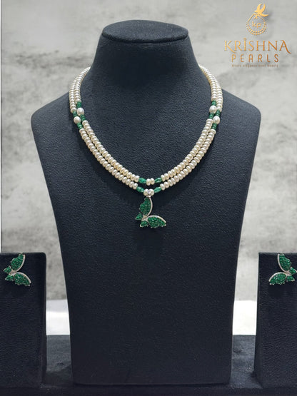92.5 Silver Emerald Butterfly Duet With Pearls Necklace Set