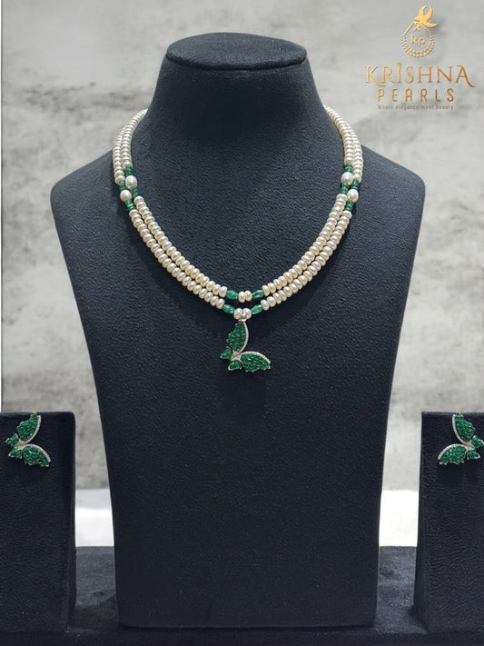 92.5 Silver Emerald Butterfly Duet With Pearls Necklace Set