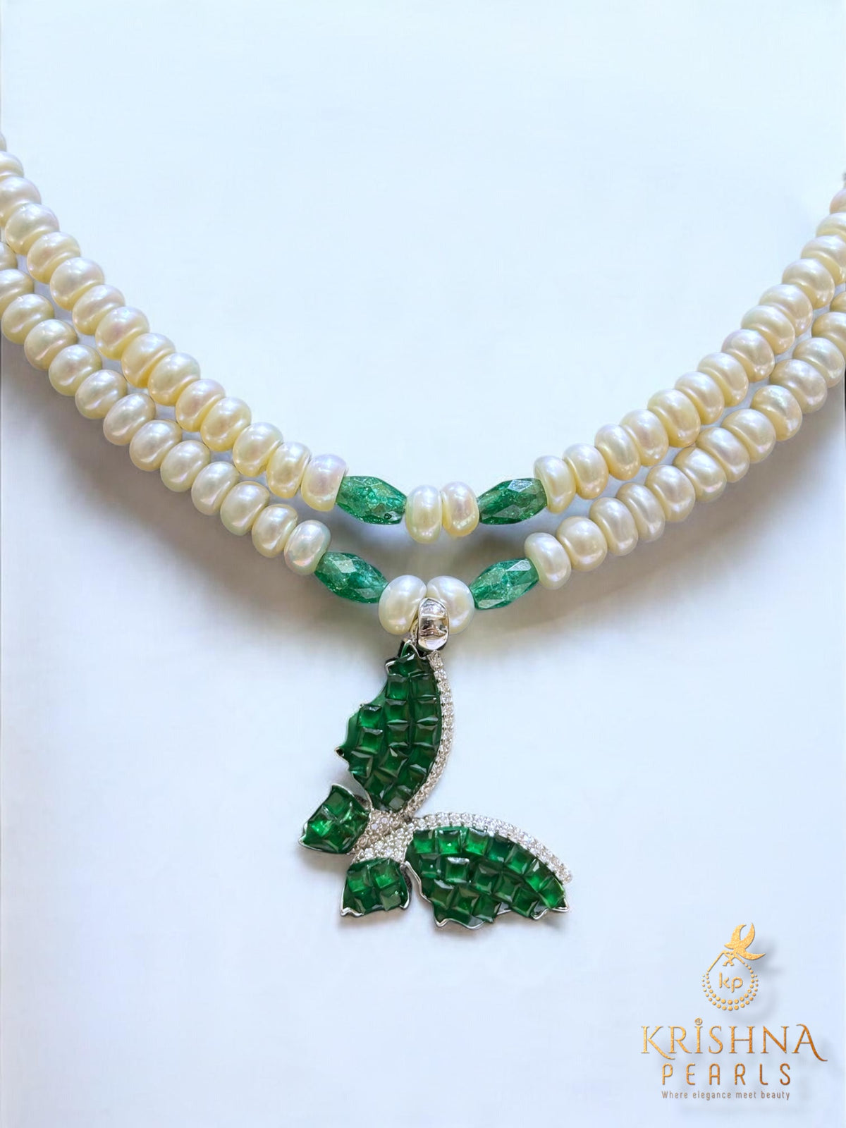 92.5 Silver Emerald Butterfly Duet With Pearls Necklace Set