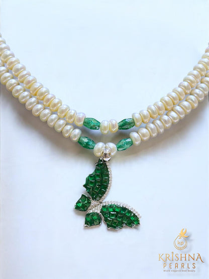 92.5 Silver Emerald Butterfly Duet With Pearls Necklace Set