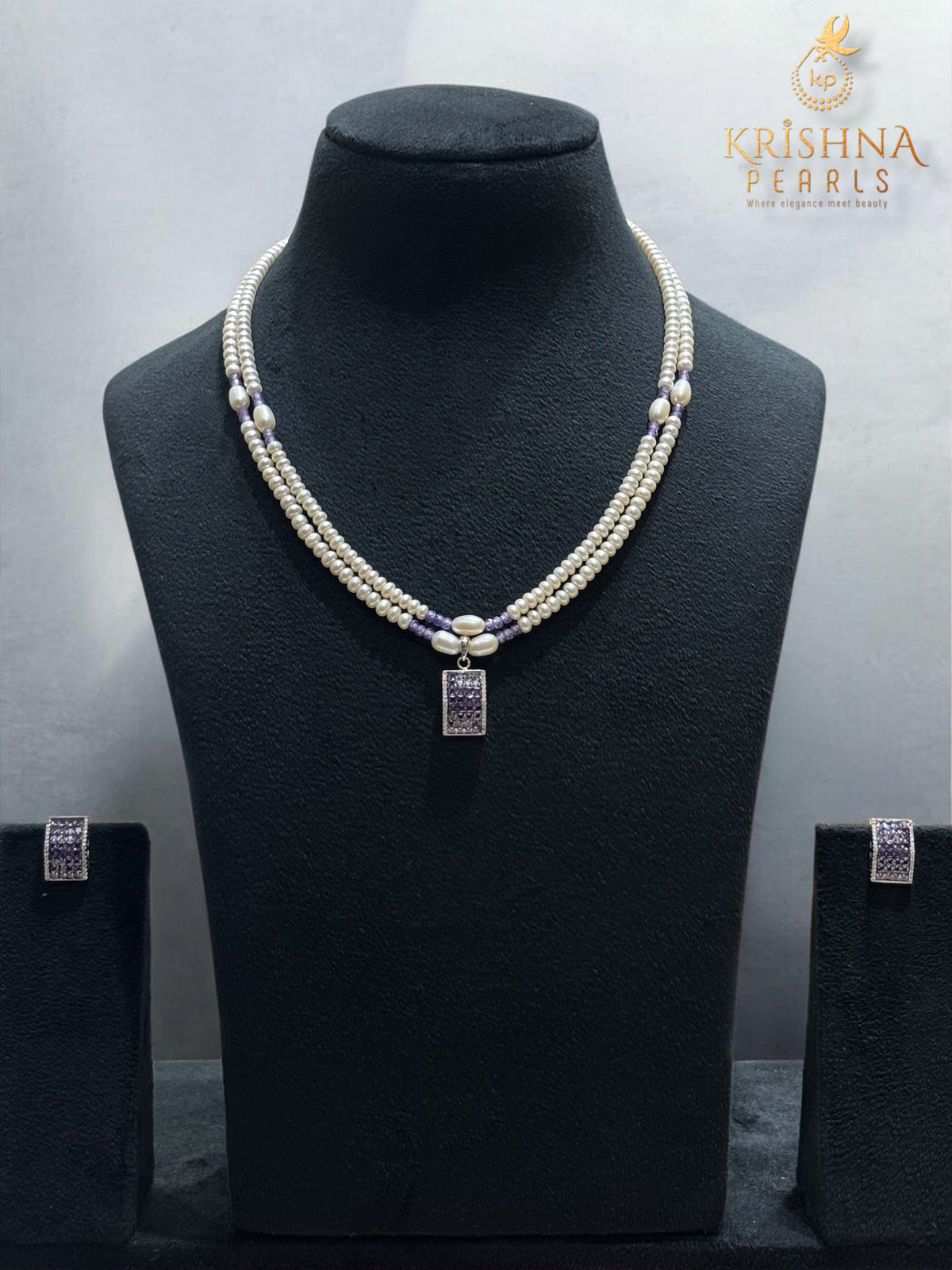 92.5 Silver cubic Amethyst Studded Double Layer necklace Set