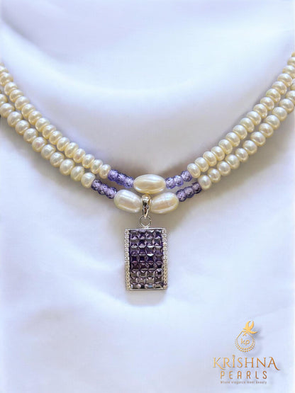 92.5 Silver cubic Amethyst Studded Double Layer necklace Set