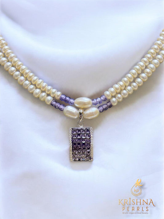 92.5 Silver cubic Amethyst Studded Double Layer necklace Set