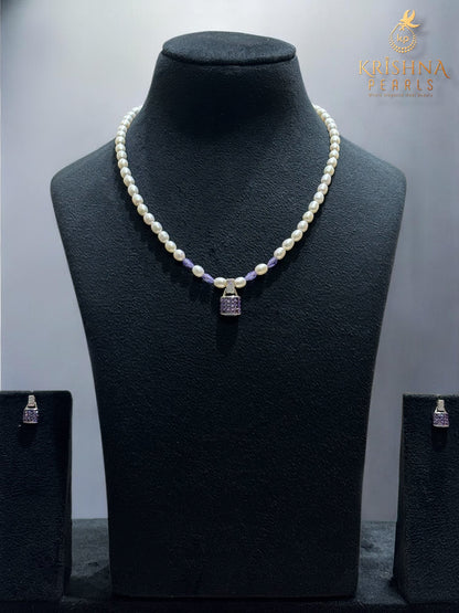 92.5 Pure Silver Cubic Amethyst With Pearls Necklace Set - Invisible Throngs Jewellery