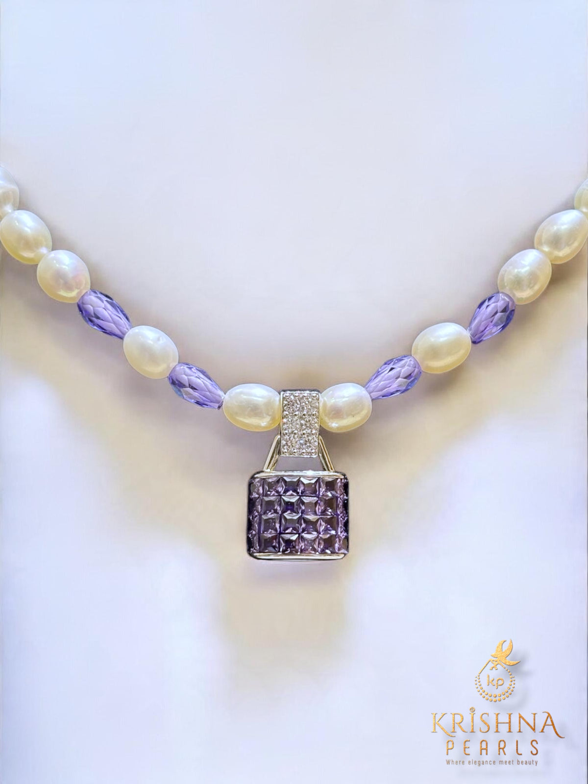 92.5 Pure Silver Cubic Amethyst With Pearls Necklace Set - Invisible Throngs Jewellery