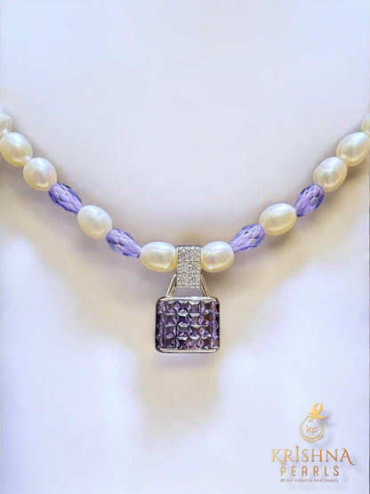 92.5 Pure Silver Cubic Amethyst With Pearls Necklace Set - Invisible Throngs Jewellery