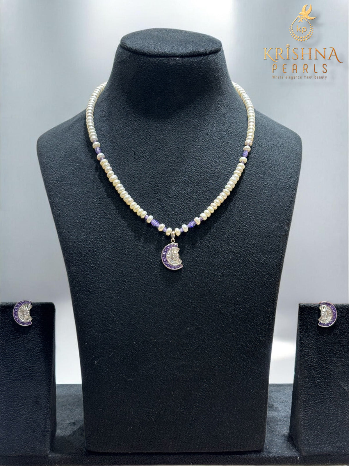92.5 Pure Silver Cubic Amethyst With Pearls Necklace Set - Invisible Throngs Jewellery