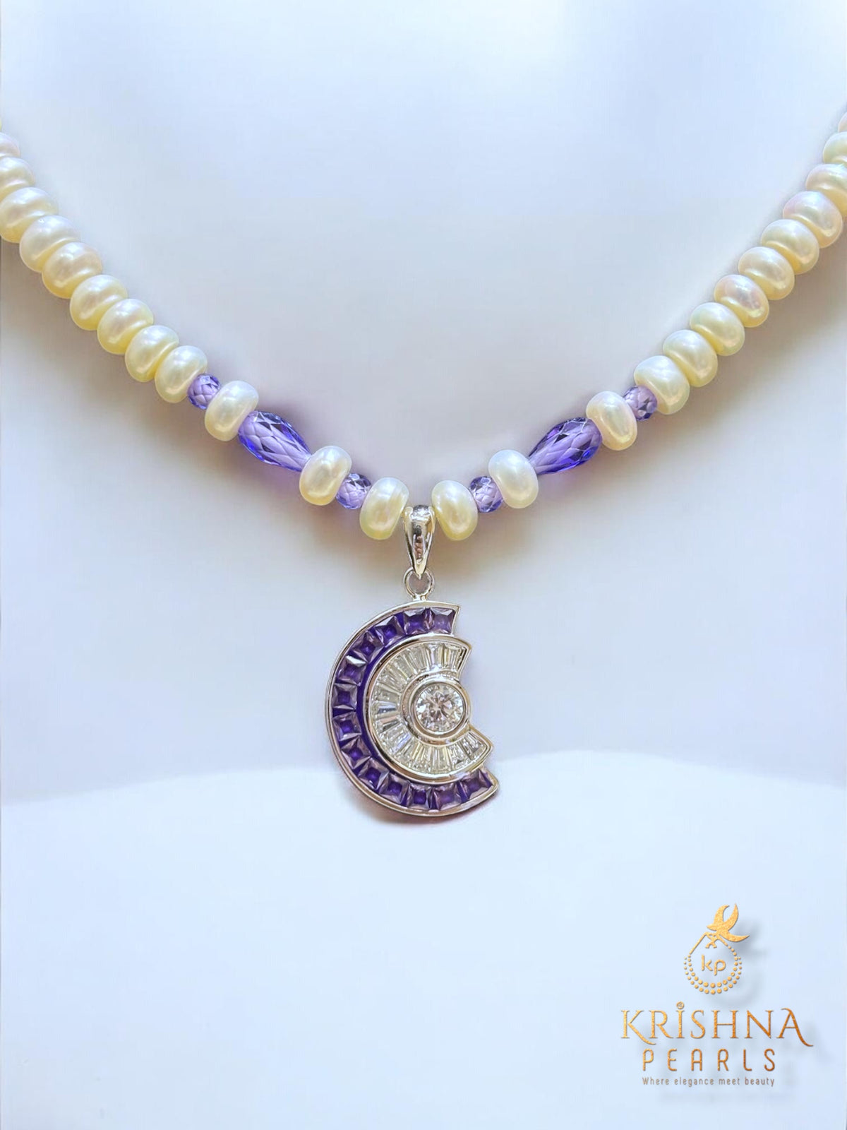 92.5 Pure Silver Cubic Amethyst With Pearls Necklace Set - Invisible Throngs Jewellery
