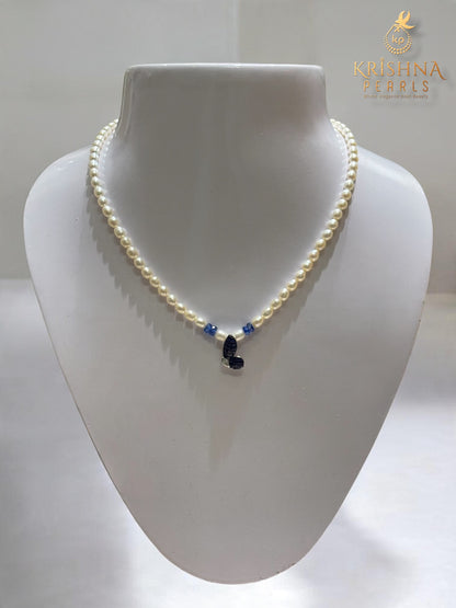 92.5 Silver Blue Sapphire Studded Pearls Necklace Set