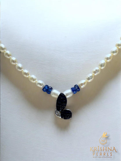 92.5 Silver Blue Sapphire Studded Pearls Necklace Set