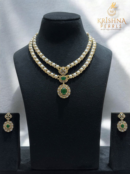 Emerald Blossom Button Pearls Necklace Set