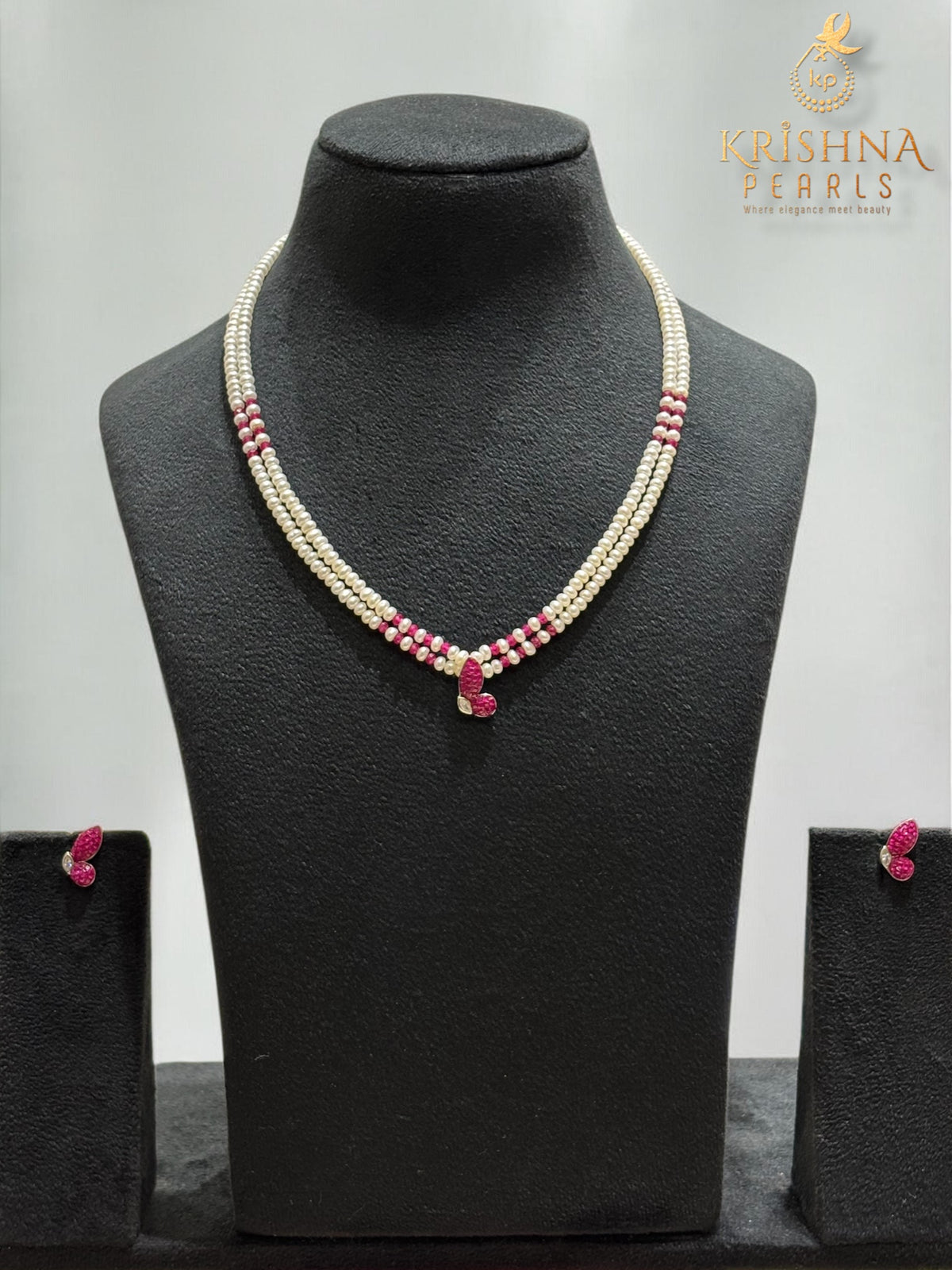 92.5 Silver Butterfly Ruby Studded Double Layers Pearls Necklace Set