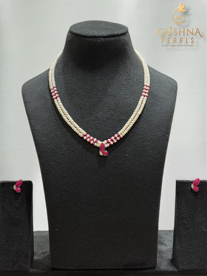 92.5 Silver Butterfly Ruby Studded Double Layers Pearls Necklace Set