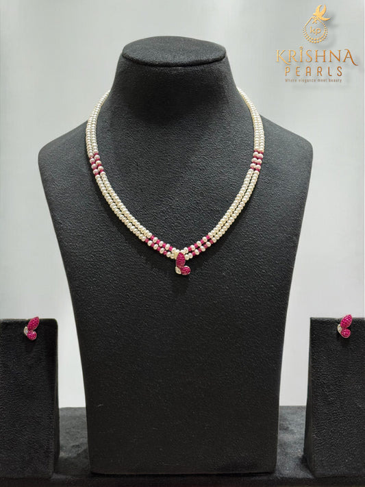 92.5 Silver Butterfly Ruby Studded Double Layers Pearls Necklace Set