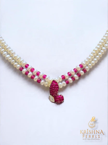 92.5 Silver Butterfly Ruby Studded Double Layers Pearls Necklace Set
