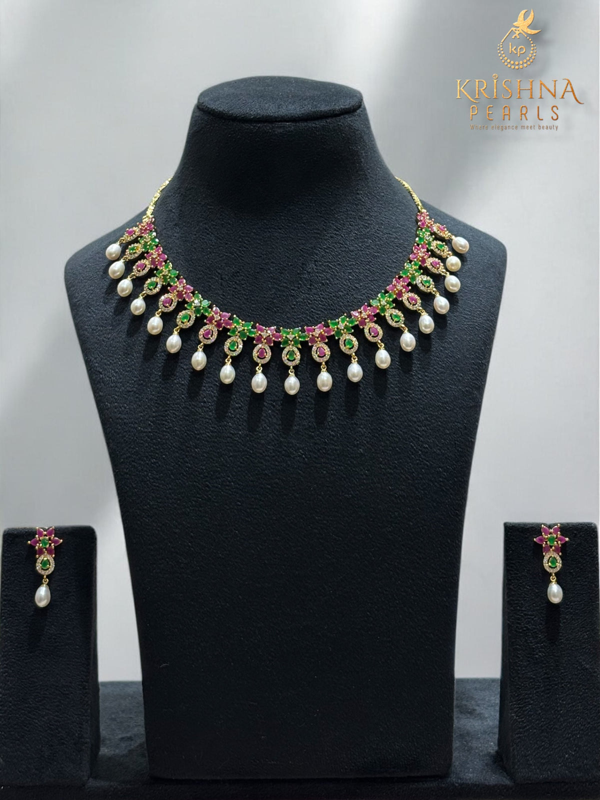 Designer Flower Emerald & Ruby With Pearl Droplets Necklace Set.