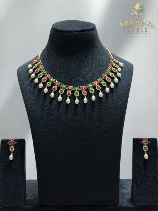 Designer Flower Emerald & Ruby With Pearl Droplets Necklace Set.