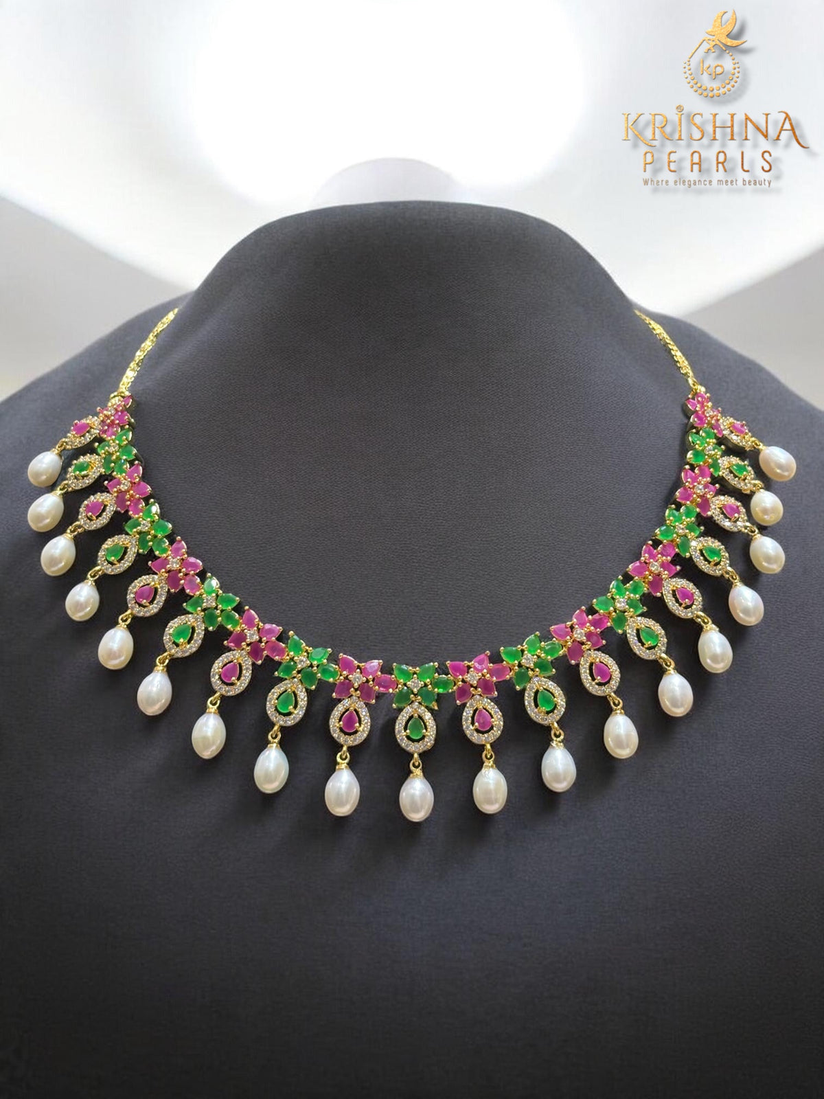 Designer Flower Emerald & Ruby With Pearl Droplets Necklace Set.