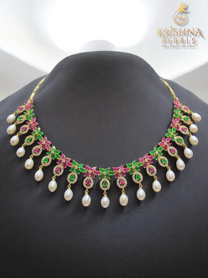 Designer Flower Emerald & Ruby With Pearl Droplets Necklace Set.
