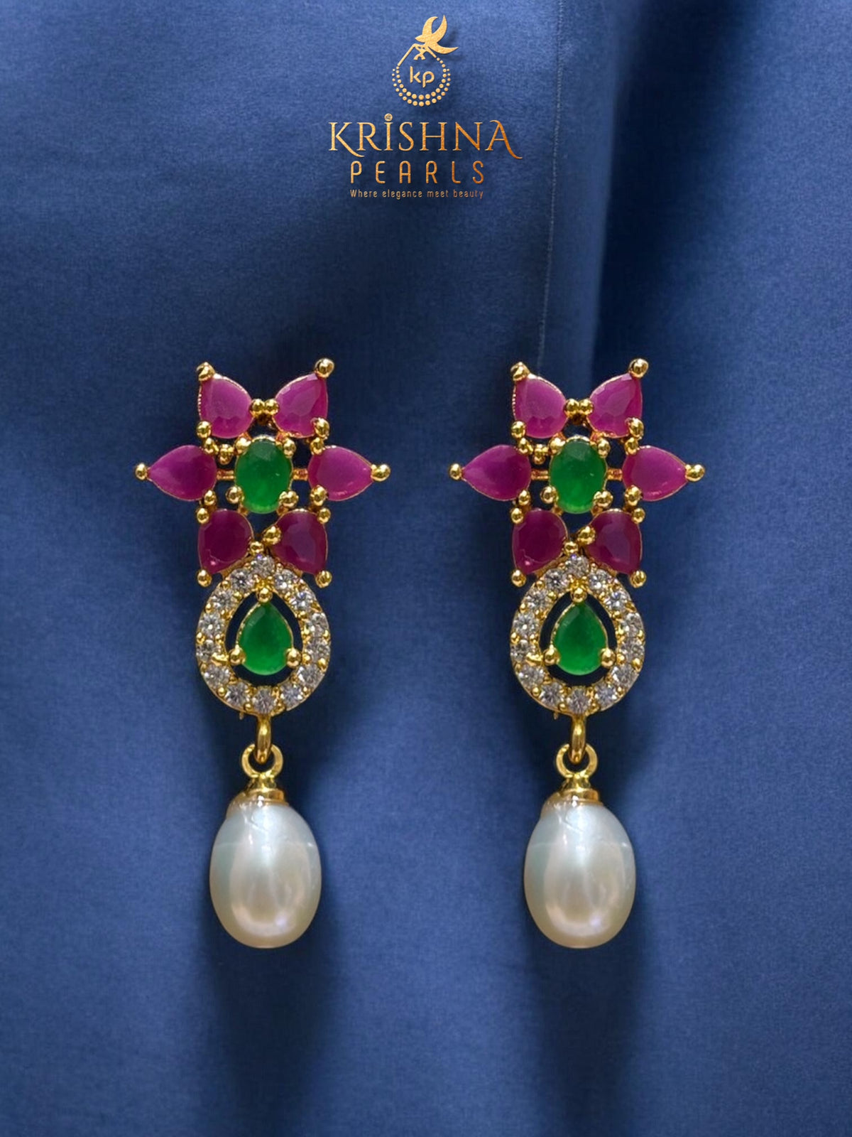 Designer Flower Emerald & Ruby With Pearl Droplets Necklace Set.