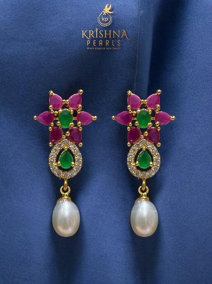 Designer Flower Emerald & Ruby With Pearl Droplets Necklace Set.
