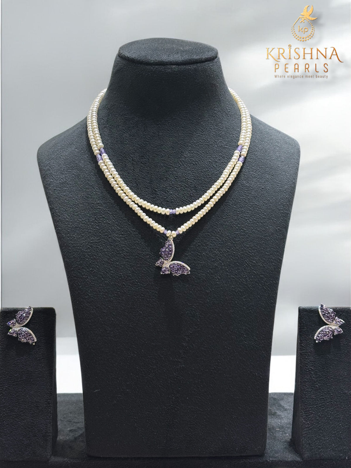 92.5 Silver Amethyst Butterfly Duet With Pearls Necklace Set
