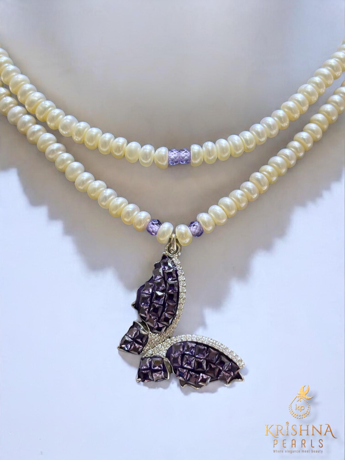92.5 Silver Amethyst Butterfly Duet With Pearls Necklace Set