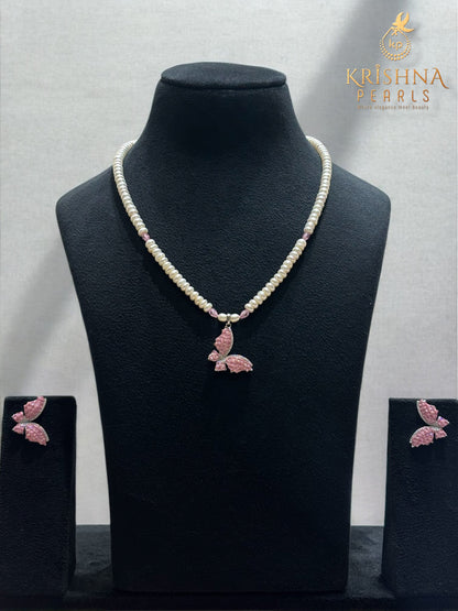 92.5 Pure Silver Butterfly Rose Quartz Studded Necklace Set - Invisible Throngs Jewellery