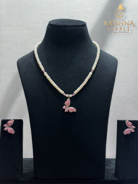 92.5 Pure Silver Butterfly Rose Quartz Studded Necklace Set - Invisible Throngs Jewellery