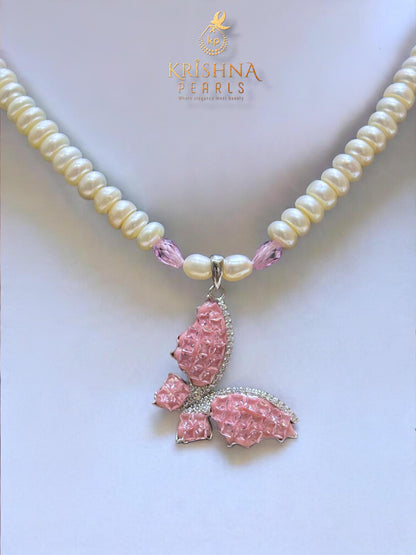 92.5 Pure Silver Butterfly Rose Quartz Studded Necklace Set - Invisible Throngs Jewellery