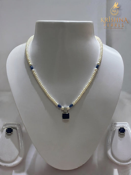 92.5 Pure Silver Cubic Blue Sapphire With Pearls Necklace Set - Invisible Throngs Jewellery