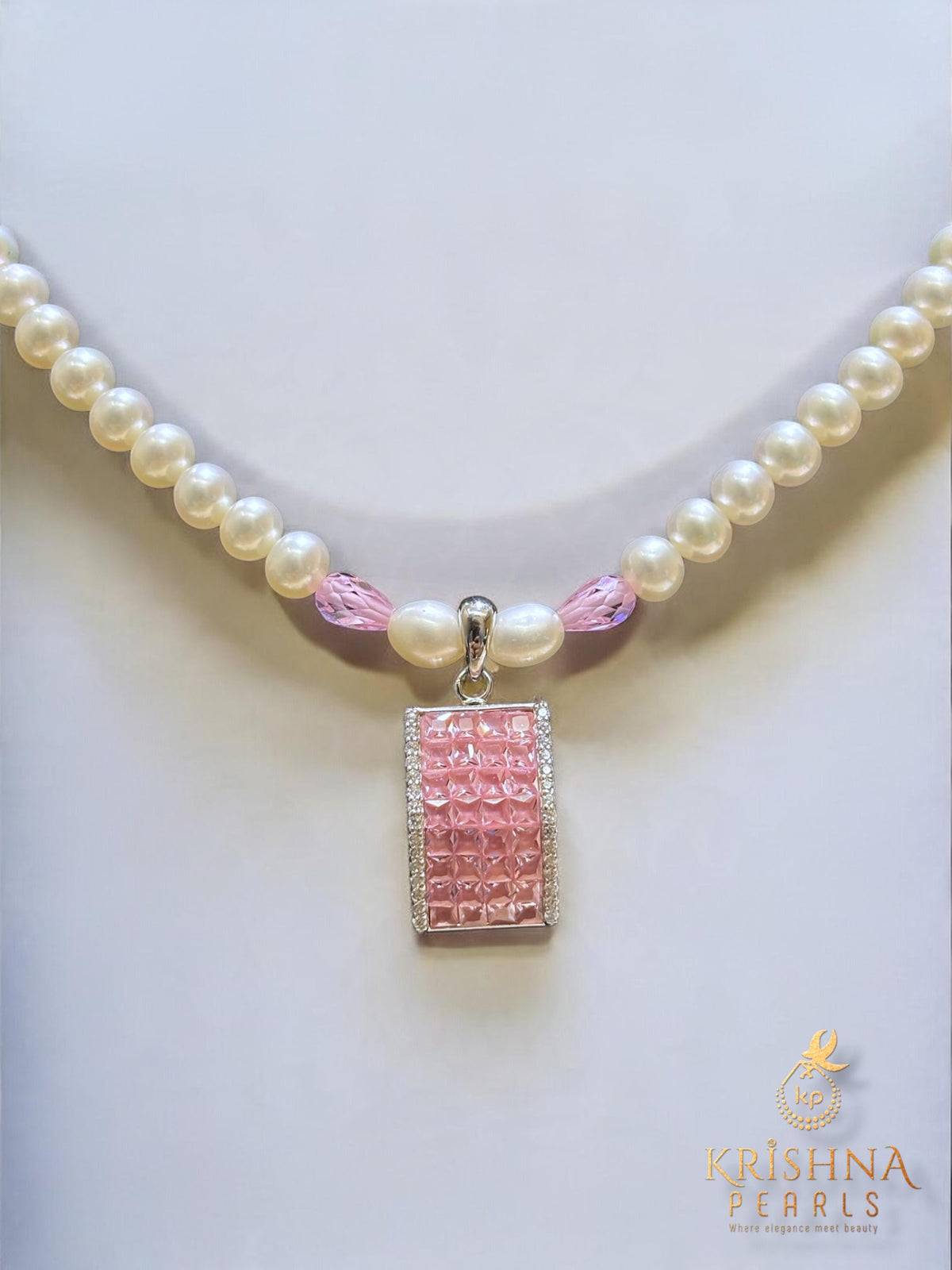 92.5 Silver Rose Quartz Studded Round Pearls Necklace Set