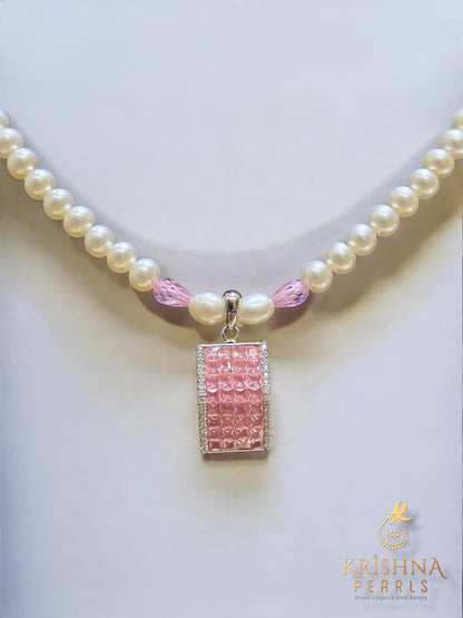 92.5 Silver Rose Quartz Studded Round Pearls Necklace Set