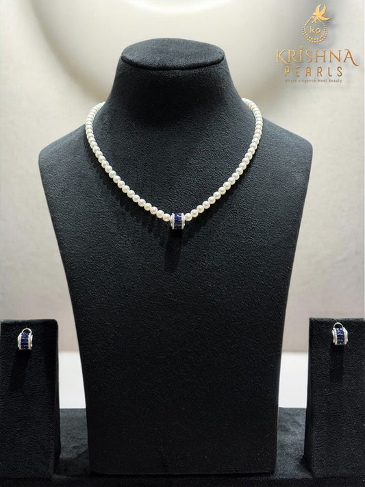 92.5 Silver Blue Sapphire Studded Round Pearls Necklace - Detachable Pendant