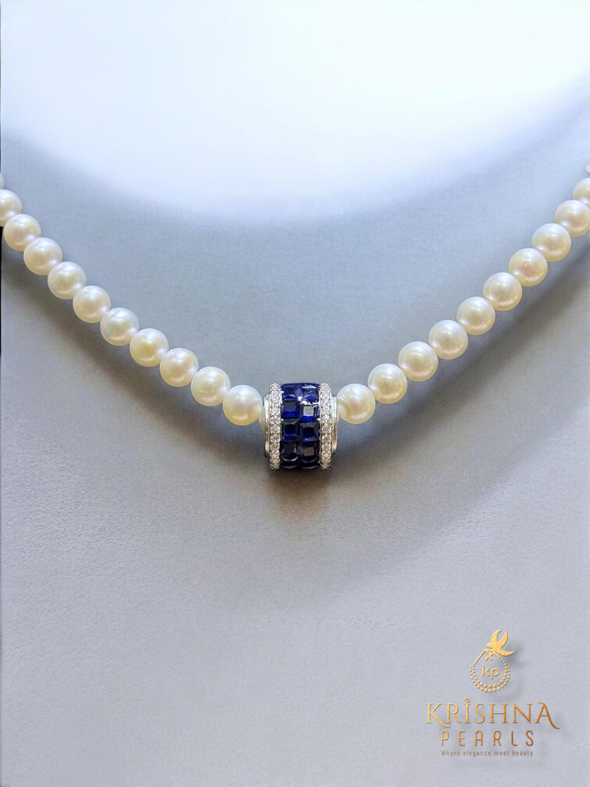 92.5 Silver Blue Sapphire Studded Round Pearls Necklace - Detachable Pendant