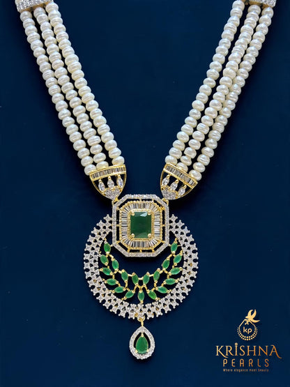 Beautiful Emerald Studded Three layer Pearls Long Rani Haar Set