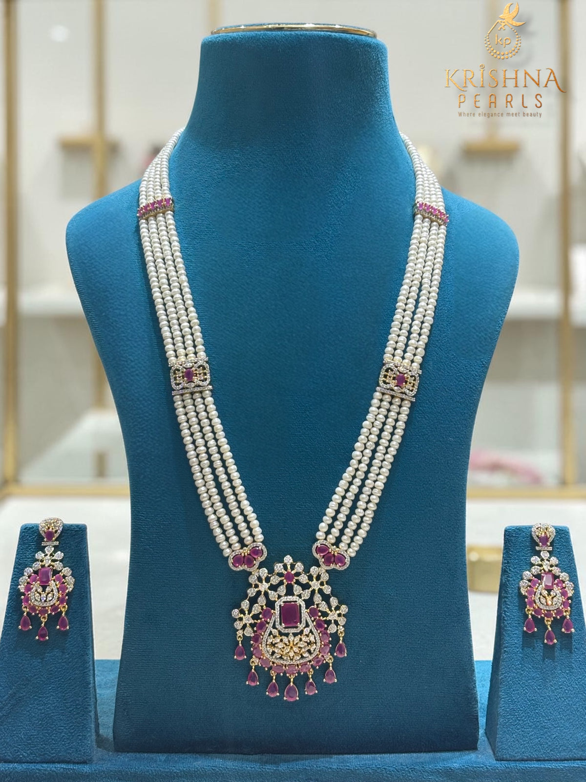 Royal Ruby Studded Four Layers Pearls Rani Haar Necklace Set