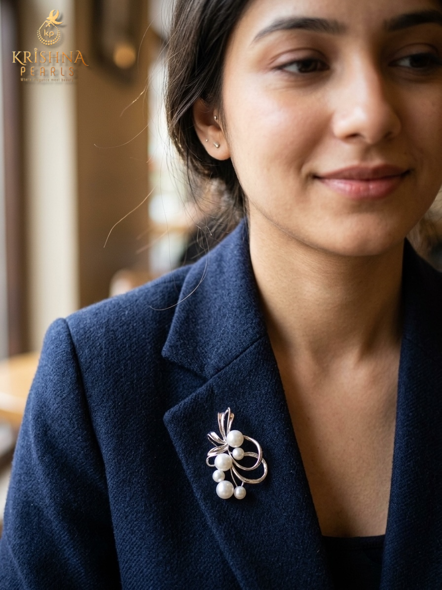 92.5 Silver Flora Pearl Swirl Studded Side Brooch